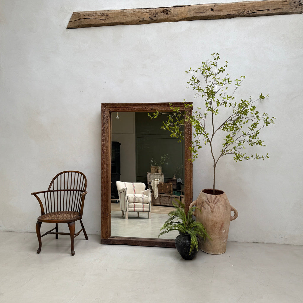 Antique Rustic Hand-Carved Wooden Full Length Mirror